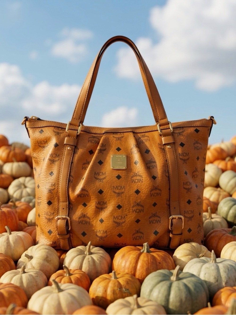 MCM Logo Visetos Pattern Shoulder Hobo Bag Leather Brown Cognac MSRP $1198